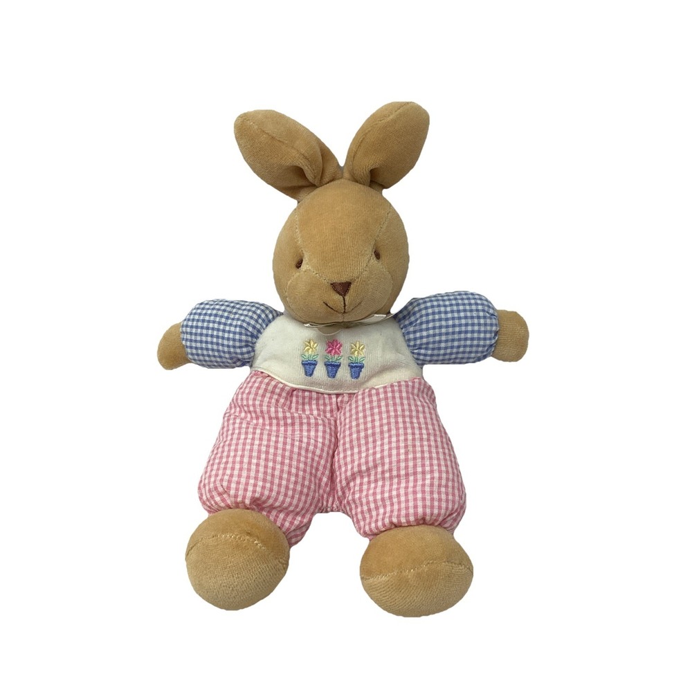 Vtg Soft Dreams Bunny Rabbit Plush Baby Rattle Bow Gingham Nursery Pink Blue